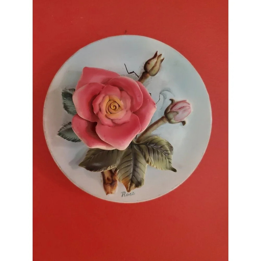 Vintage Napco Rose Plate Wall Decoration Plaque With Raised Rose 5
